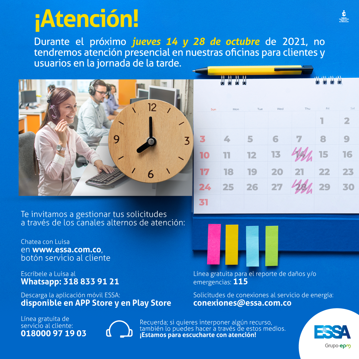 Durante el próximo 14 y 15 de Octubre no habrá servicio en oficinas en la tarde Imagen Durante el próximo 14 y 15 de Octubre no habrá servicio en oficinas en la tarde