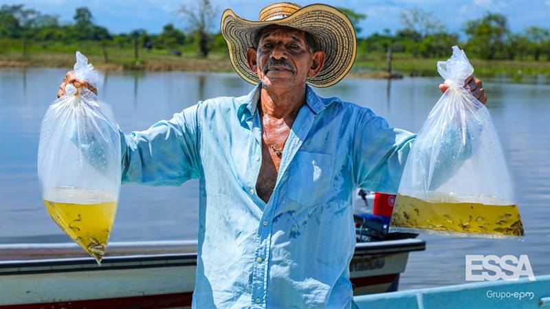 Hombre con sombrero en su cabeza y sosteniendo dos bolsas de peces, de fondo el río