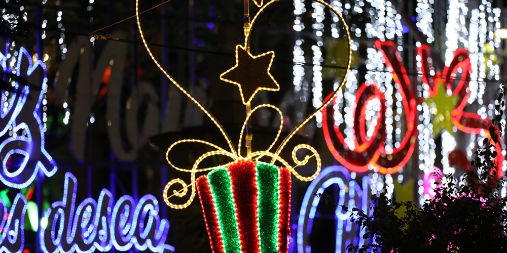 Figuras de Navidad, que contiene un regalo, estrellas y luces de Navidad