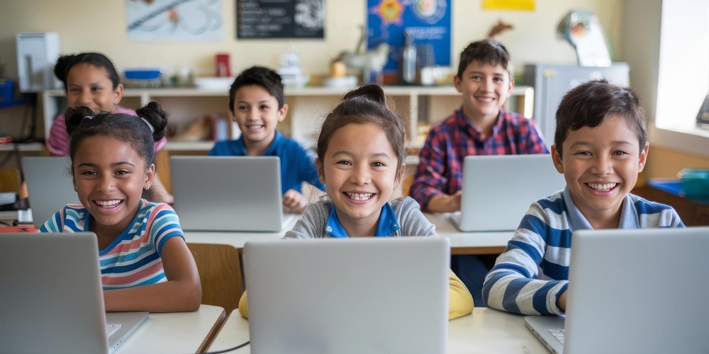 Niños en un salón de clase, con computadores portátiles