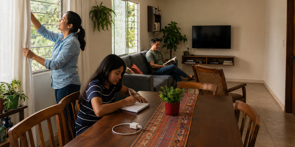 Una familia en casa, disfrutando de un uso eficiente de la energía
