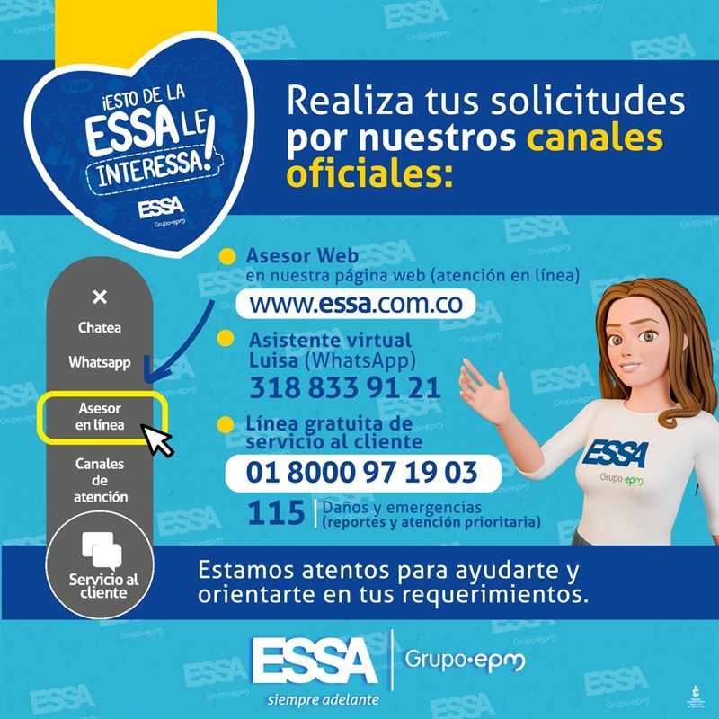 Canales oficiales de ESSA, atención y orientación para los usuarios