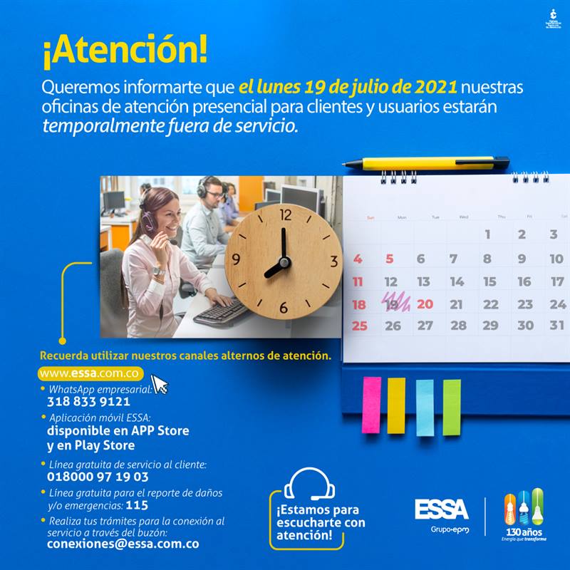 Cierre temporal de las oficinas de atención presencial para clientes y usuarios