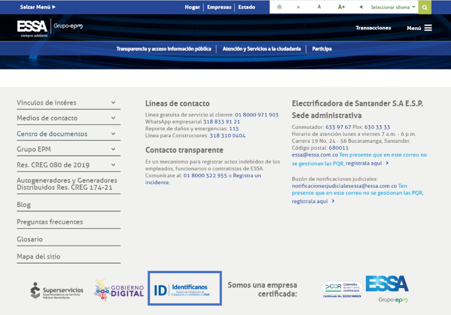 captura de pantalla del pie de página del portal web de ESSA, señalando con un rectángulo la ubicación del botón identifícanos captura de pantalla del pie de página del portal web de ESSA, señalando con un rectángulo la ubicación del botón identifícanos