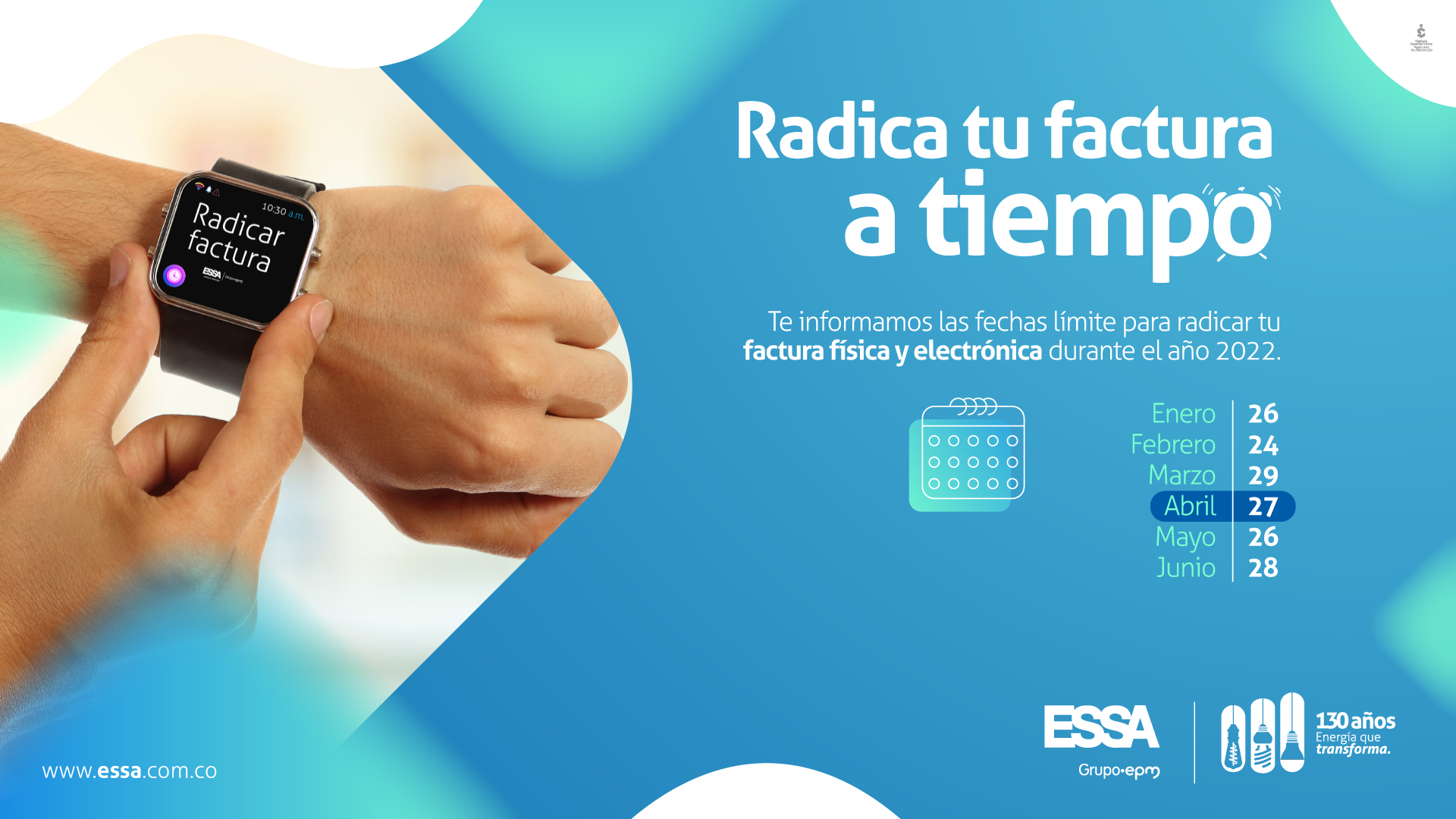 imagen de un reloj digital que lleva el mensaje radicar factura, en la pieza también hay un mensaje que invita a tener en cuenta las fechas límite para radicar facturas físicas o electrónicas durante enero a junio de 2022. imagen de un reloj digital que lleva el mensaje radicar factura, en la pieza también hay un mensaje que invita a tener en cuenta las fechas límite para radicar facturas físicas o electrónicas durante enero a junio de 2022.